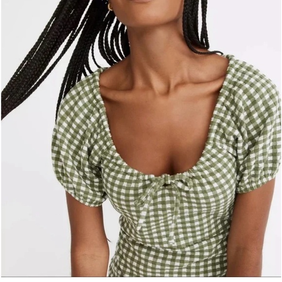 Madewell / Women's Puff Sleeve / Green White Knit Gingham Mini Dress / Medium - Picture 5 of 11